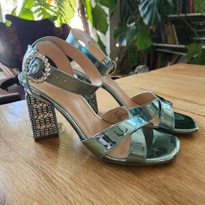 Betsey Johnson Metallic Bell Teal Cross‎ Front Embellish Sandals Size 8